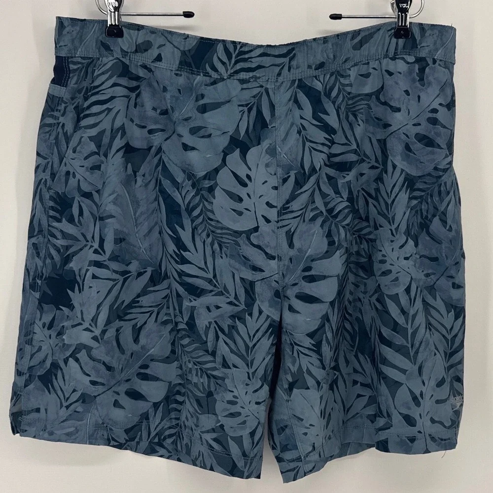 Speedo Men XXL Swim Trunks Blue Tropical Leaf Print Zipper Pocket Board Shorts